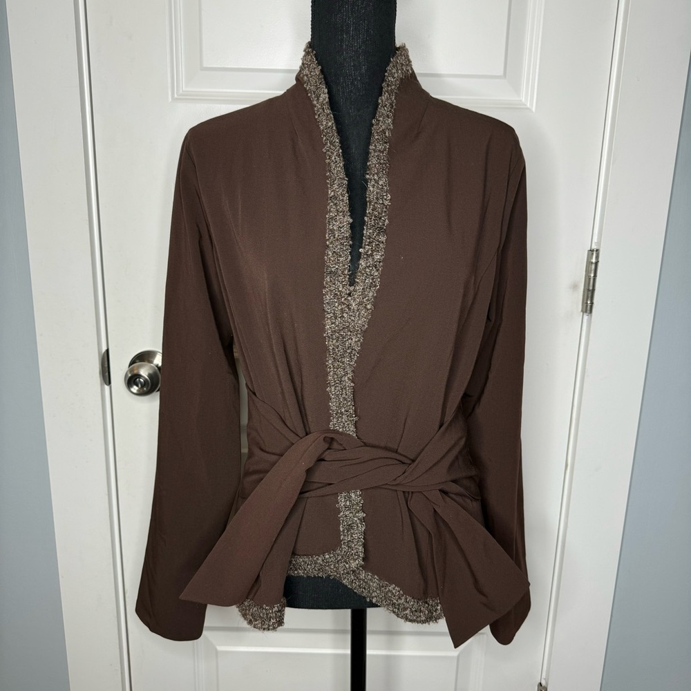 Anni Kuan Women's Brown Tie Front One Button Blazer with Bucle Tweed Trim